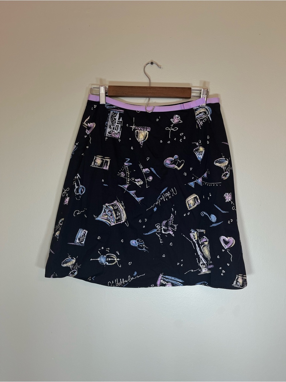 Vintage Y2K Rafaella Cutesy Carnival Doodle Skirt Black Purple Ribbon Waist